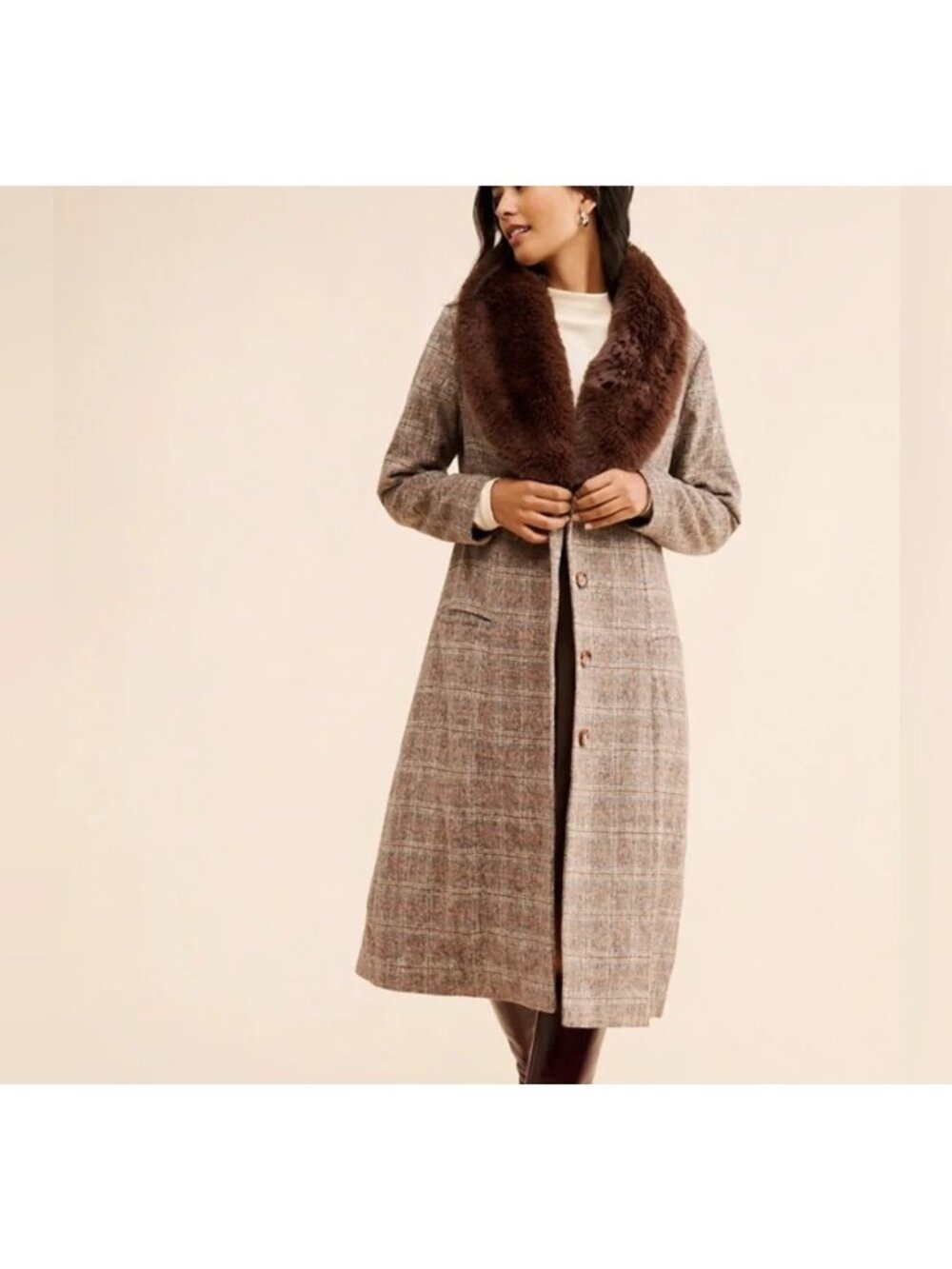 Hutch Faux Fur Collar Plaid Overcoat Old Money Vintage Retro Heritage Womens XS